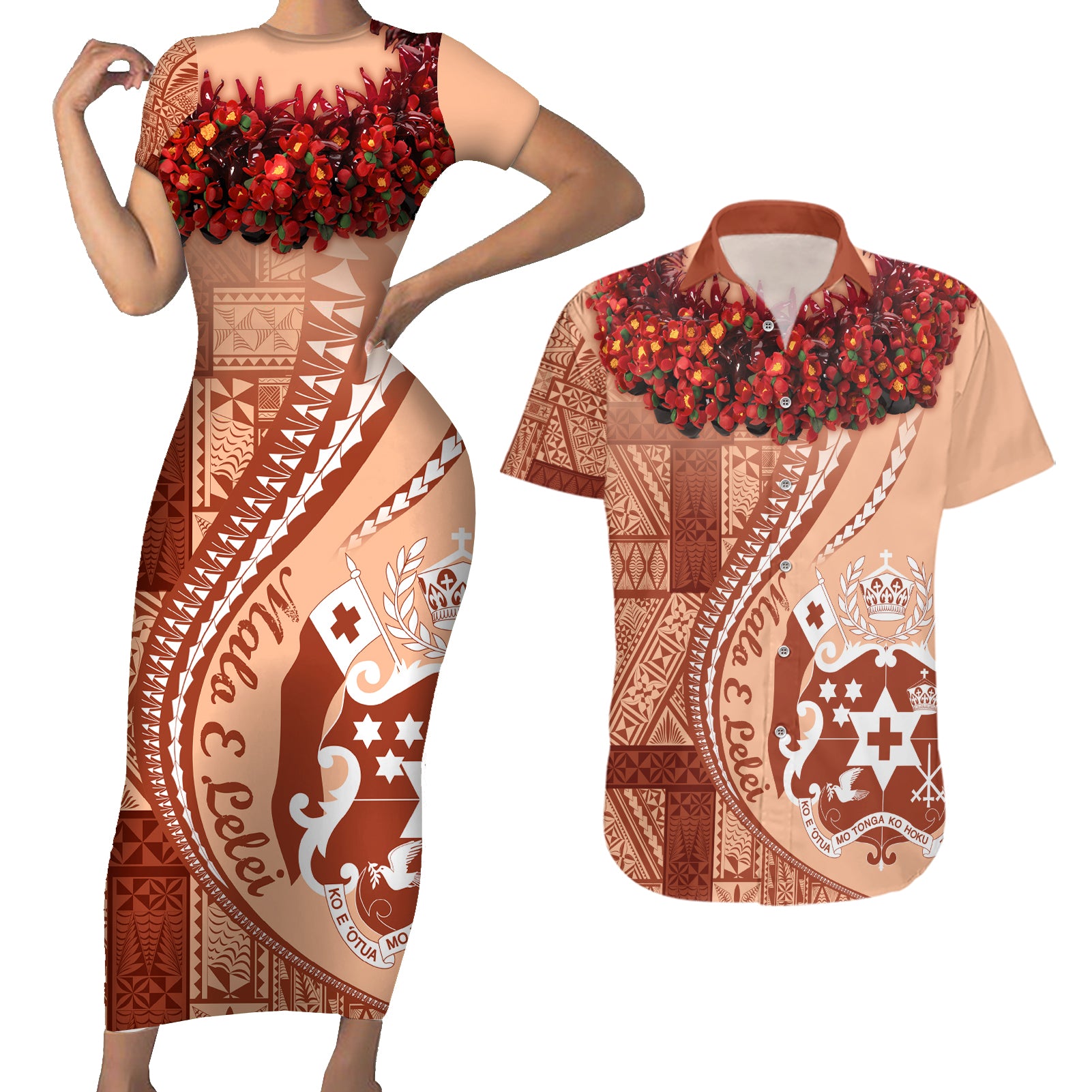 Vintage Tonga Kahoa Heilala Flower Couples Matching Short Sleeve Bodycon Dress and Hawaiian Shirt LT9 Peach Fuzz - Polynesian Pride