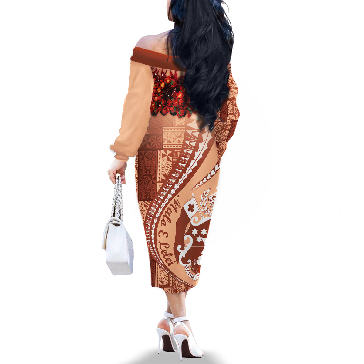 Vintage Tonga Kahoa Heilala Flower Family Matching Off Shoulder Long Sleeve Dress and Hawaiian Shirt LT9 - Polynesian Pride