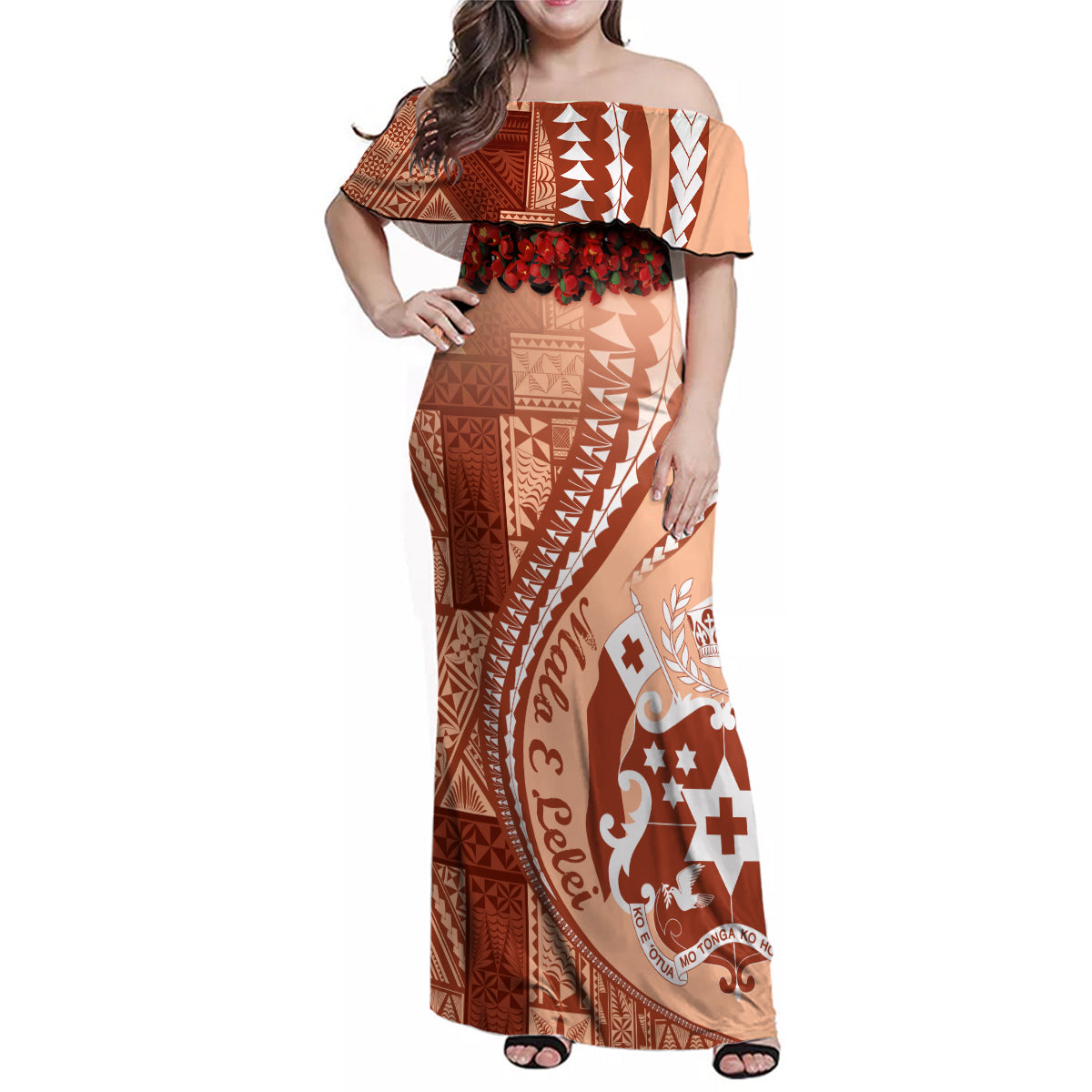 Vintage Tonga Kahoa Heilala Flower Family Matching Off Shoulder Maxi Dress and Hawaiian Shirt LT9 Mom's Dress Peach Fuzz - Polynesian Pride