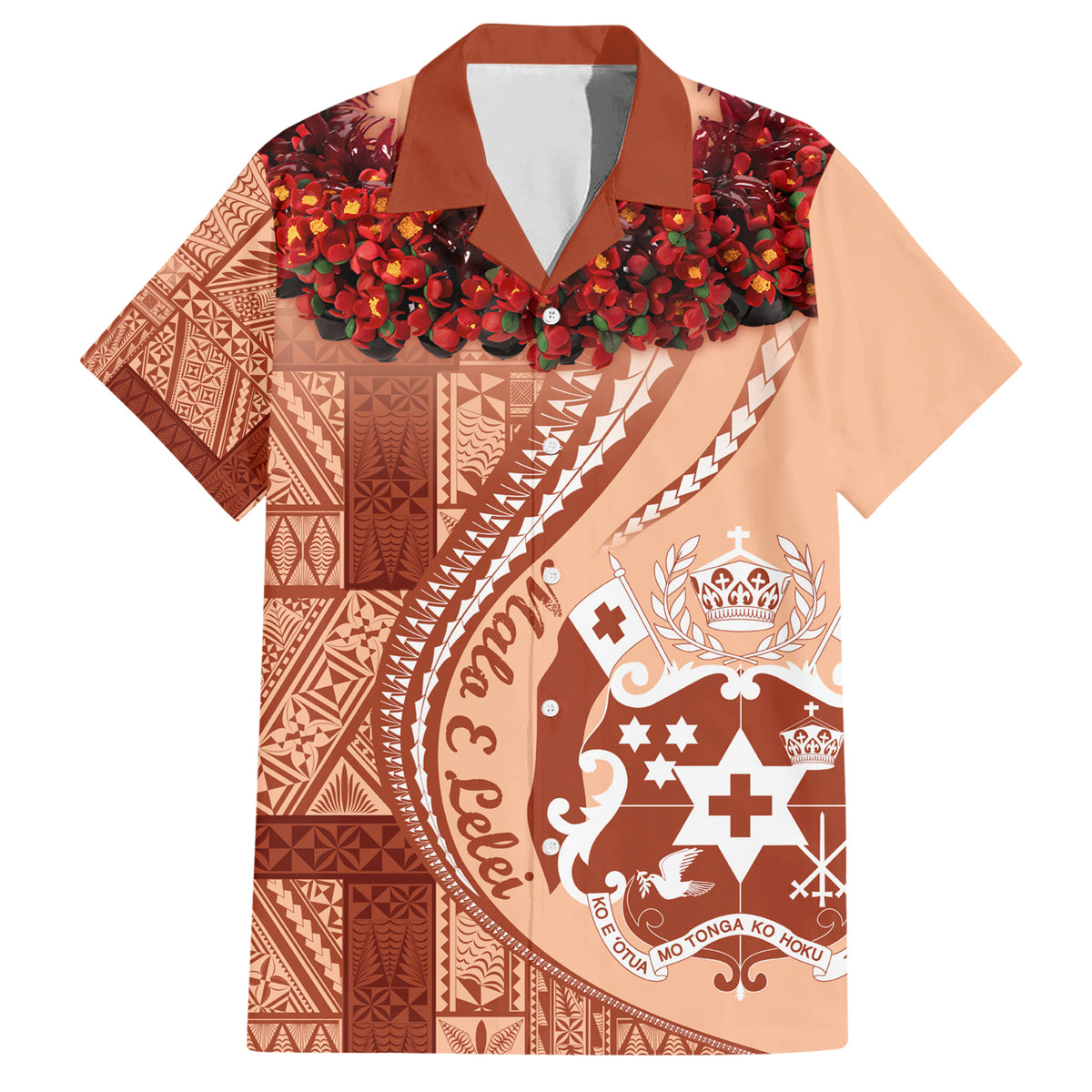 Vintage Tonga Kahoa Heilala Flower Family Matching Short Sleeve Bodycon Dress and Hawaiian Shirt LT9 Dad's Shirt - Short Sleeve Peach Fuzz - Polynesian Pride