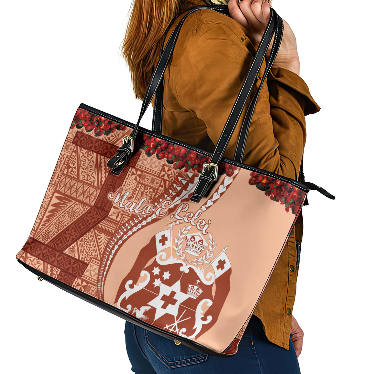 Vintage Tonga Kahoa Heilala Flower Leather Tote Bag LT9 - Polynesian Pride