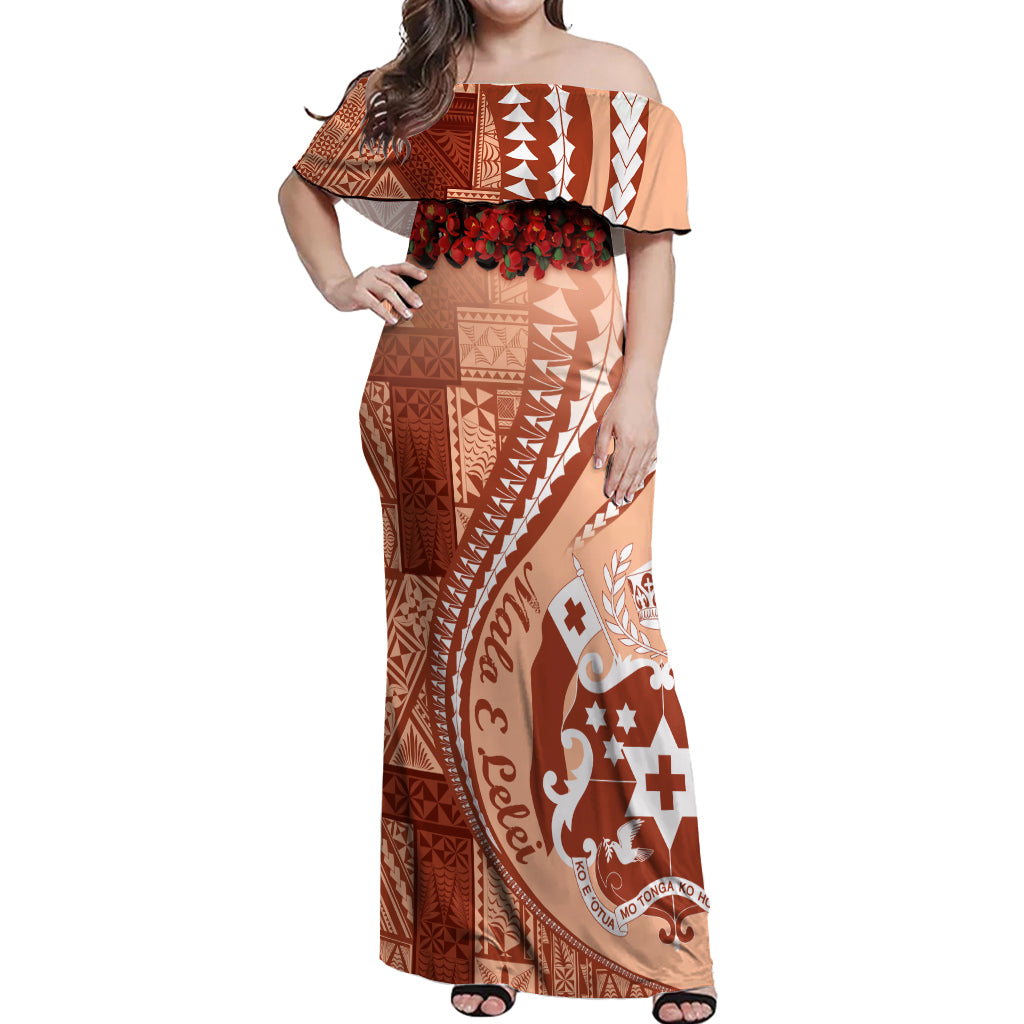 Vintage Tonga Kahoa Heilala Flower Off Shoulder Maxi Dress LT9 Women Peach Fuzz - Polynesian Pride