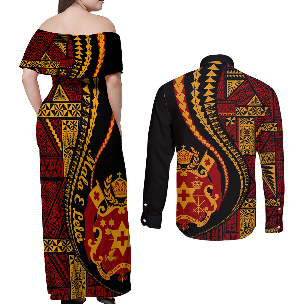 Vintage Tonga Malo E Lelei Ngatu Pattern Couples Matching Off Shoulder Maxi Dress and Long Sleeve Button Shirt LT9 - Polynesian Pride