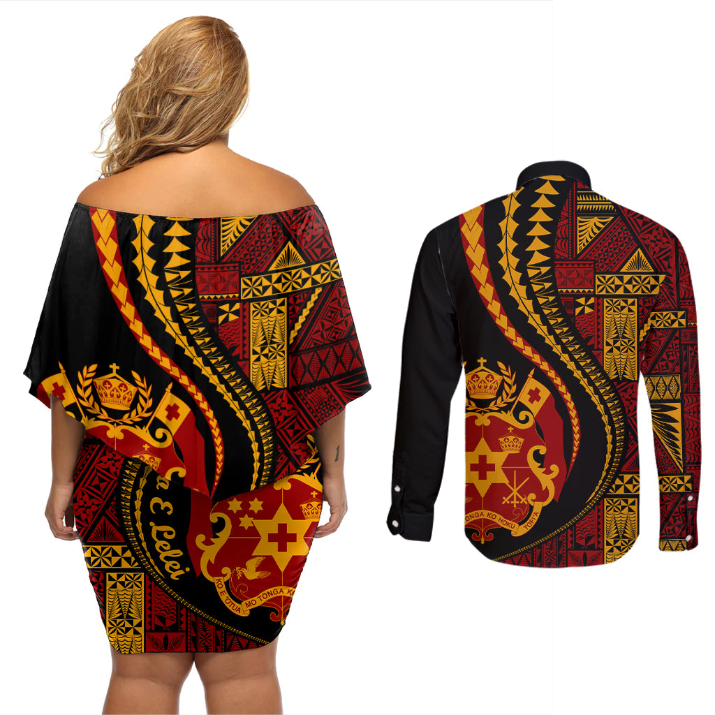 Vintage Tonga Malo E Lelei Ngatu Pattern Couples Matching Off Shoulder Short Dress and Long Sleeve Button Shirt LT9 - Polynesian Pride