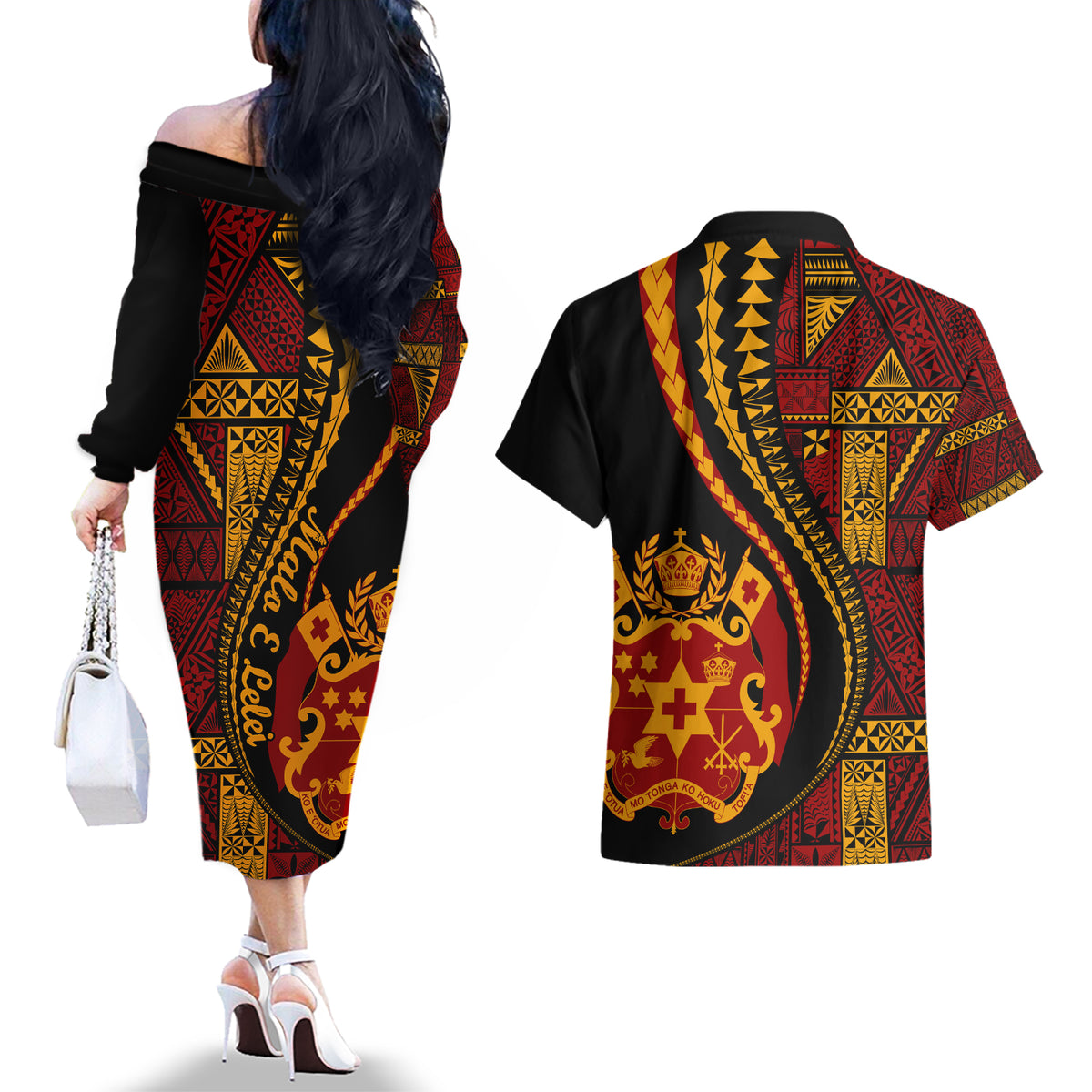 Vintage Tonga Malo E Lelei Ngatu Pattern Couples Matching Off The Shoulder Long Sleeve Dress and Hawaiian Shirt LT9 - Polynesian Pride