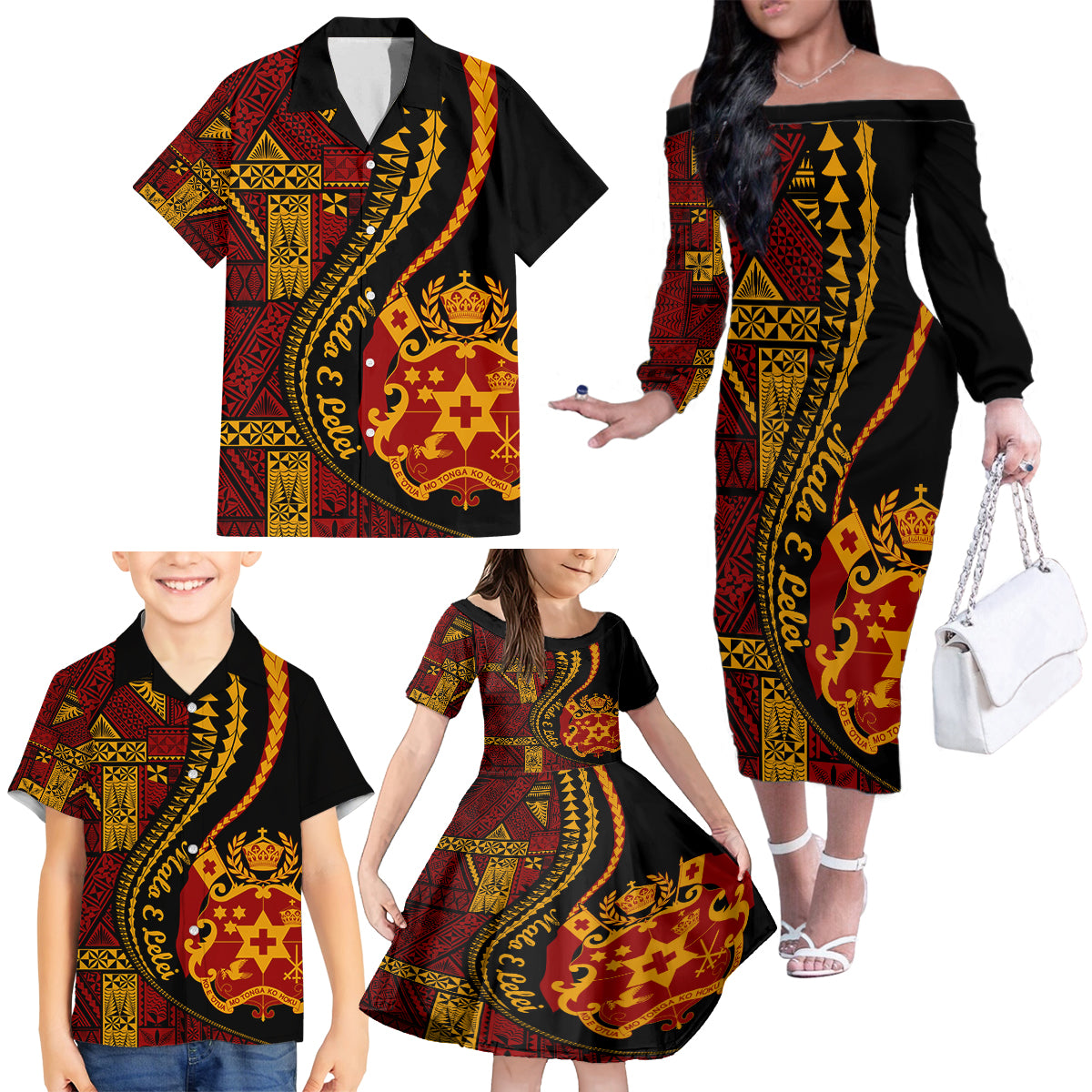 Vintage Tonga Malo E Lelei Ngatu Pattern Family Matching Off Shoulder Long Sleeve Dress and Hawaiian Shirt LT9 - Polynesian Pride