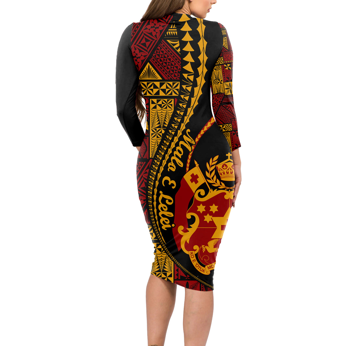 Vintage Tonga Malo E Lelei Ngatu Pattern Long Sleeve Bodycon Dress LT9 - Polynesian Pride