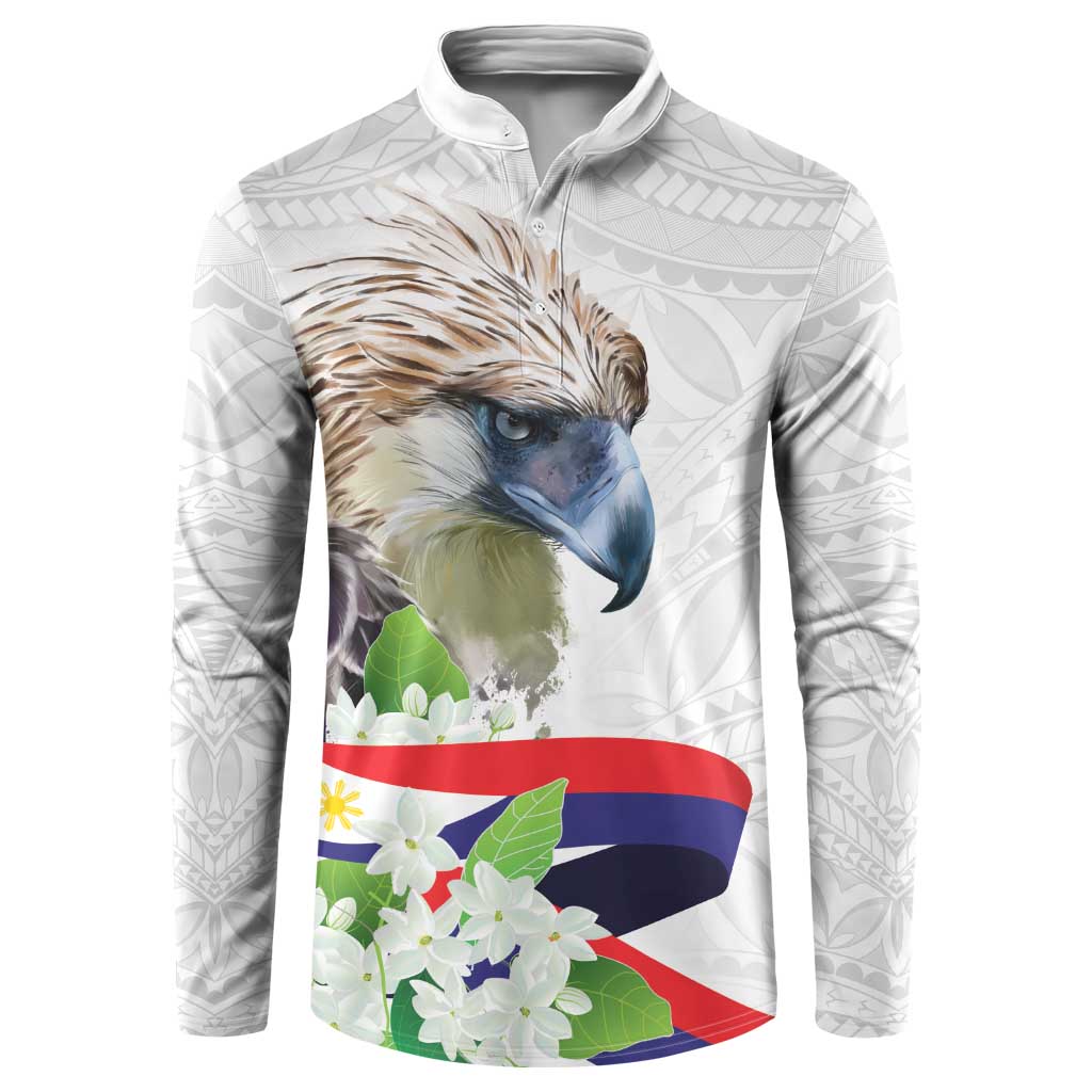 Philippines Eagle and Sampaguita Flowers Button Sweatshirt Polynesian Pattern