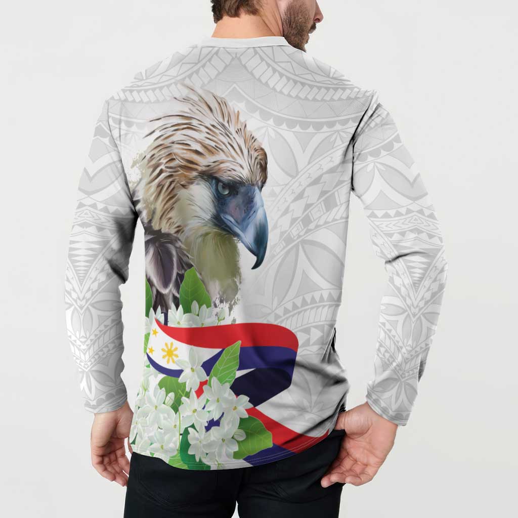 Philippines Eagle and Sampaguita Flowers Button Sweatshirt Polynesian Pattern