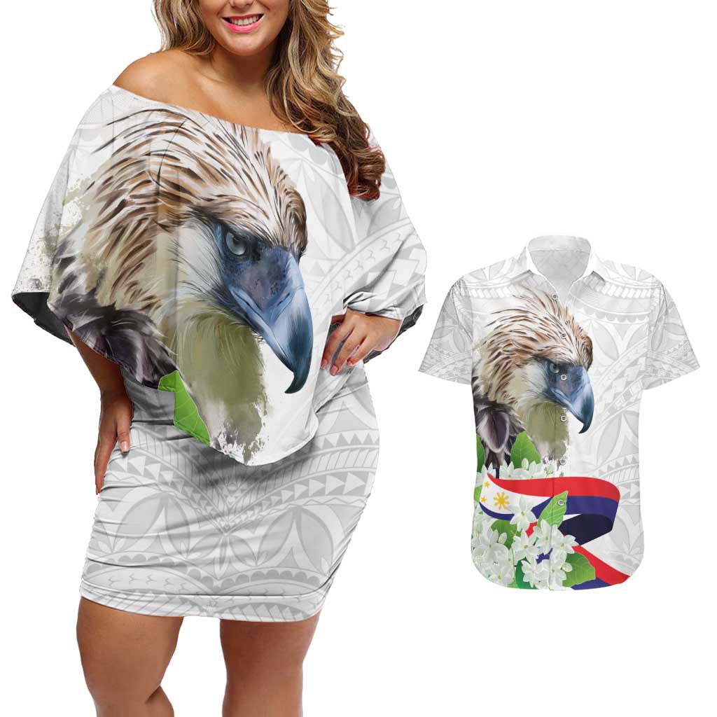 Philippines Eagle and Sampaguita Flowers Couples Matching Off Shoulder Short Dress and Hawaiian Shirt Polynesian Pattern