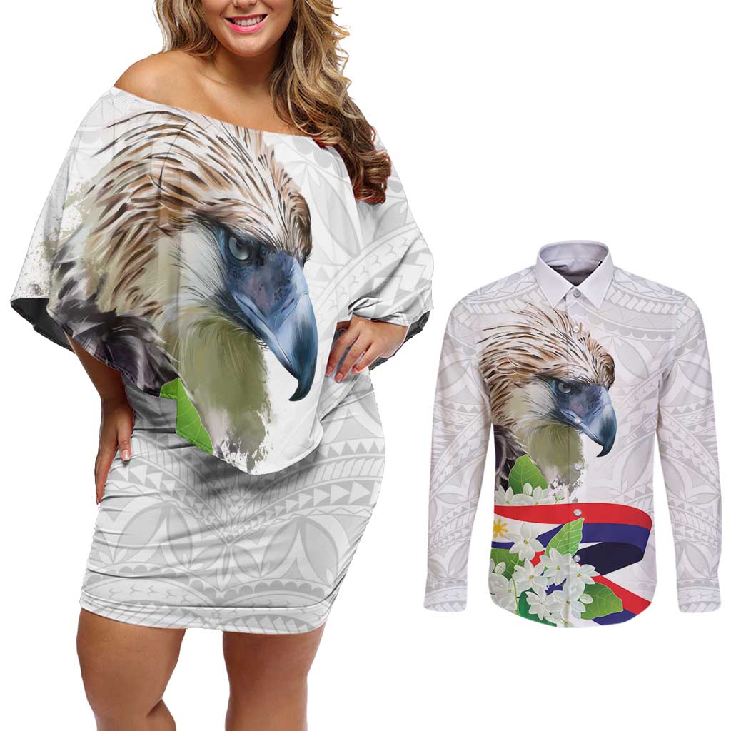 Philippines Eagle and Sampaguita Flowers Couples Matching Off Shoulder Short Dress and Long Sleeve Button Shirt Polynesian Pattern