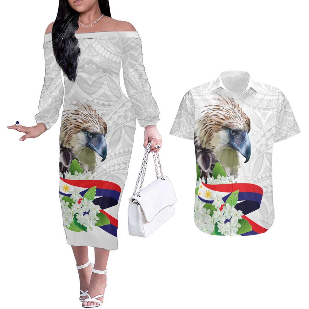 Philippines Eagle and Sampaguita Flowers Couples Matching Off The Shoulder Long Sleeve Dress and Hawaiian Shirt Polynesian Pattern