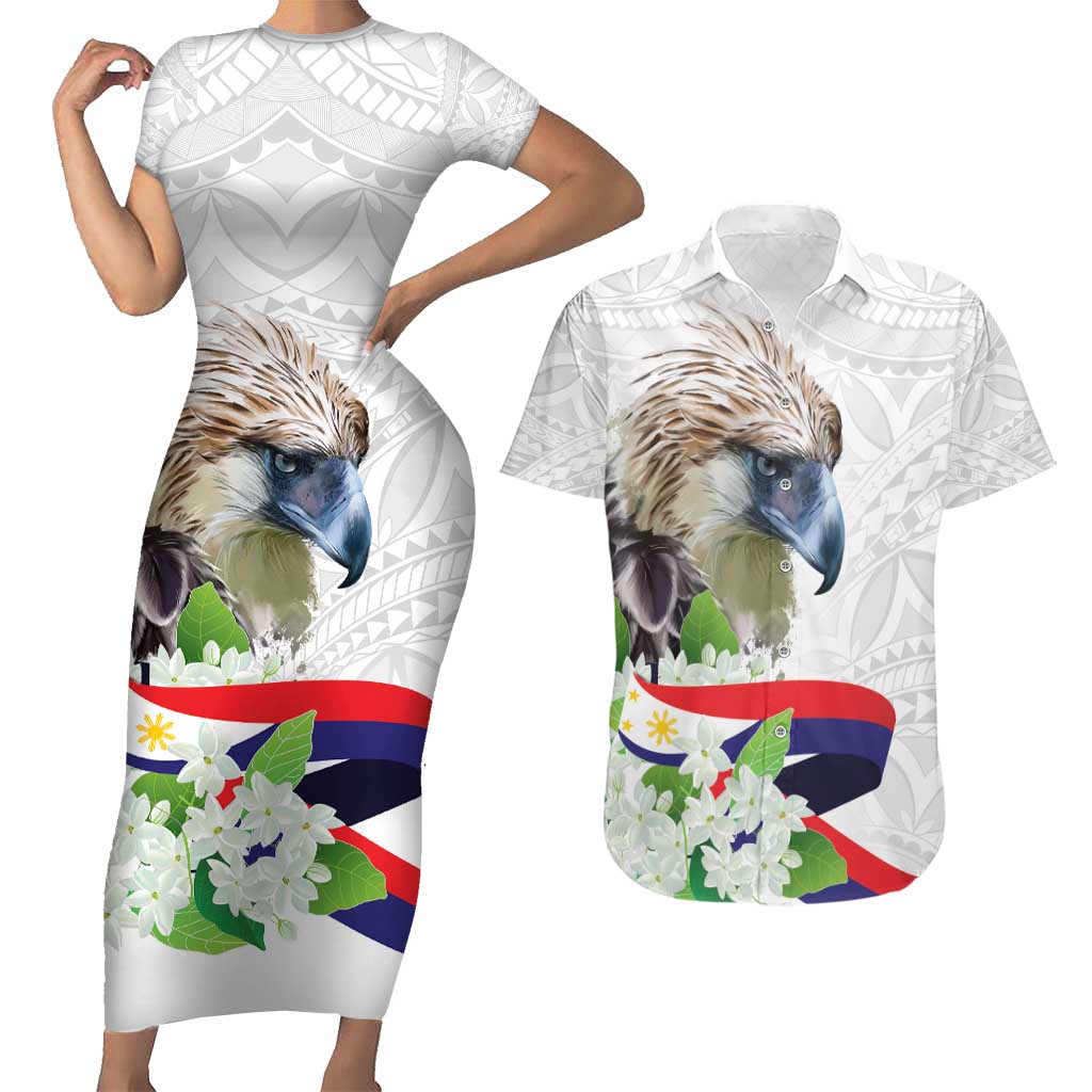 Philippines Eagle and Sampaguita Flowers Couples Matching Short Sleeve Bodycon Dress and Hawaiian Shirt Polynesian Pattern