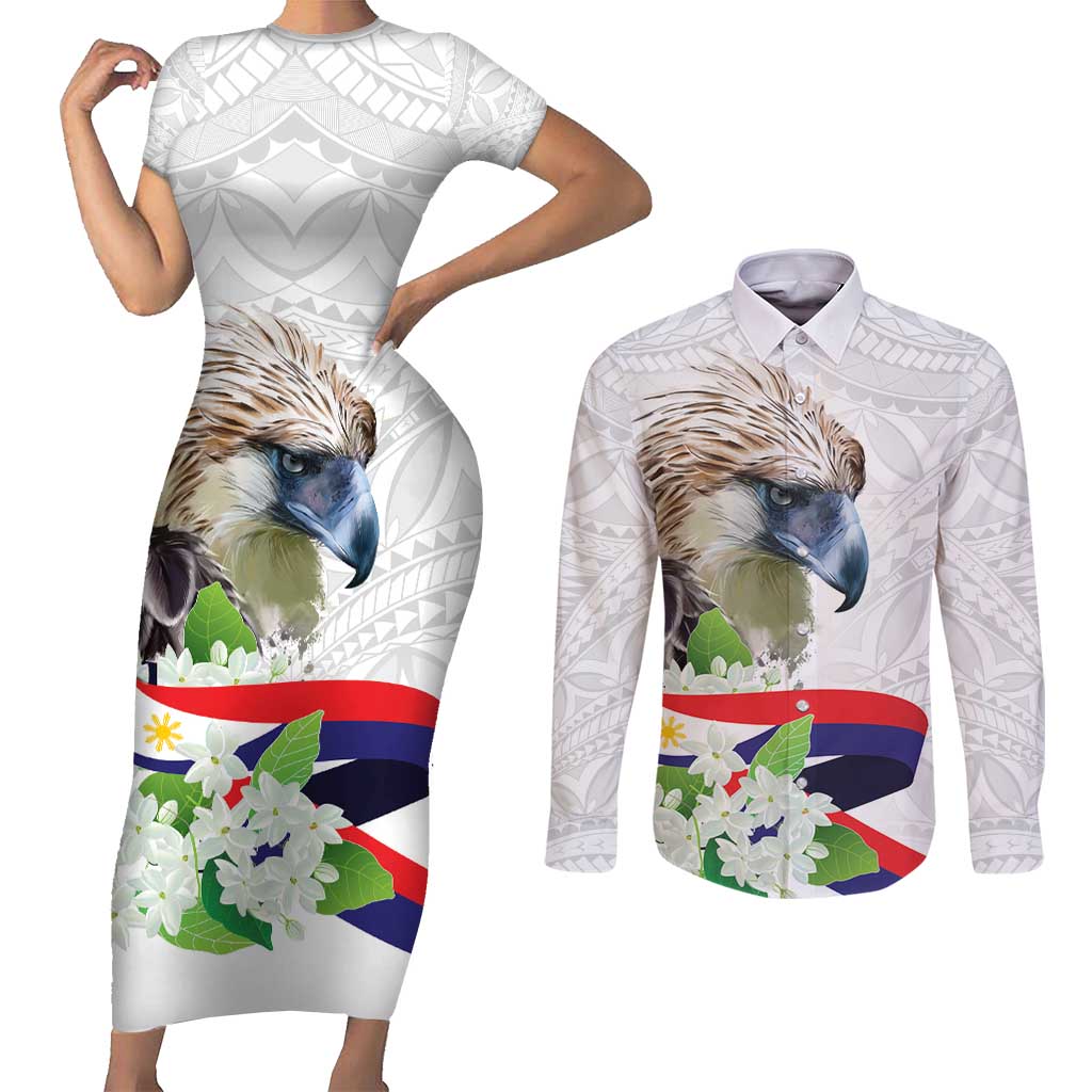Philippines Eagle and Sampaguita Flowers Couples Matching Short Sleeve Bodycon Dress and Long Sleeve Button Shirt Polynesian Pattern