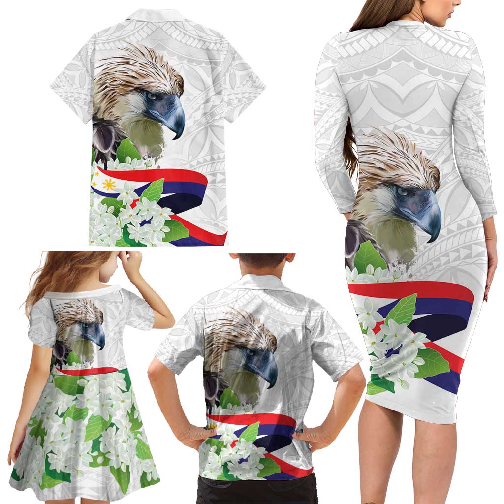 Philippines Eagle and Sampaguita Flowers Family Matching Long Sleeve Bodycon Dress and Hawaiian Shirt Polynesian Pattern