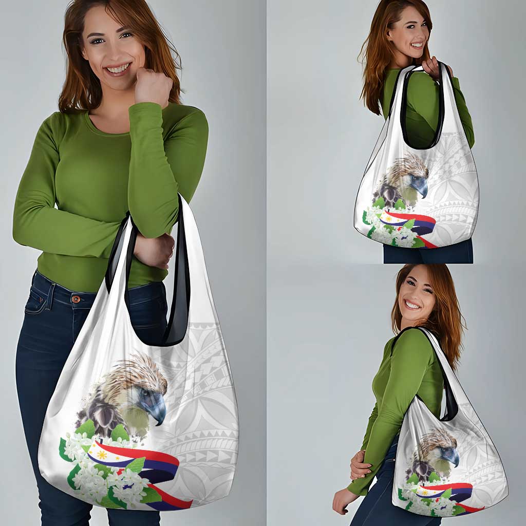 Philippines Eagle and Sampaguita Flowers Grocery Bag Polynesian Pattern