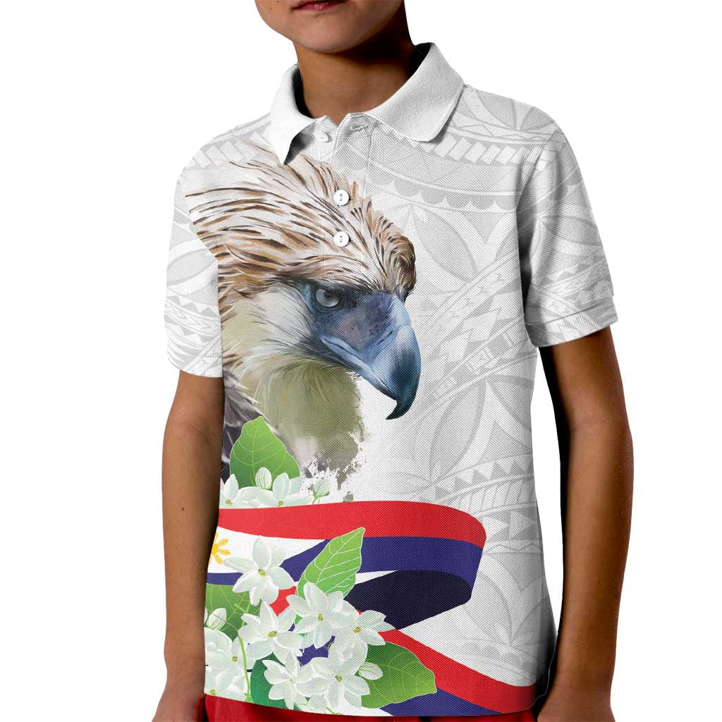 Philippines Eagle and Sampaguita Flowers Kid Polo Shirt Polynesian Pattern