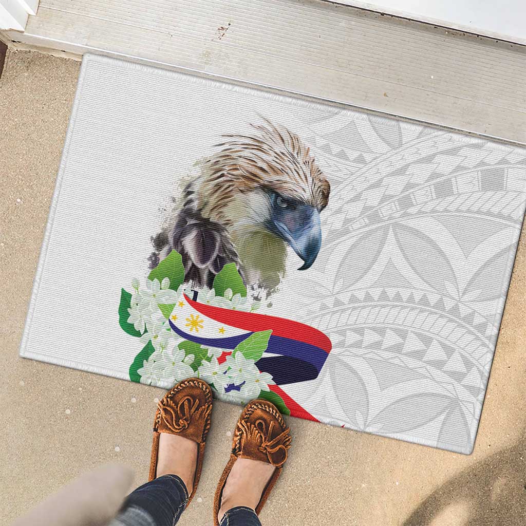 Philippines Eagle and Sampaguita Flowers Rubber Doormat Polynesian Pattern