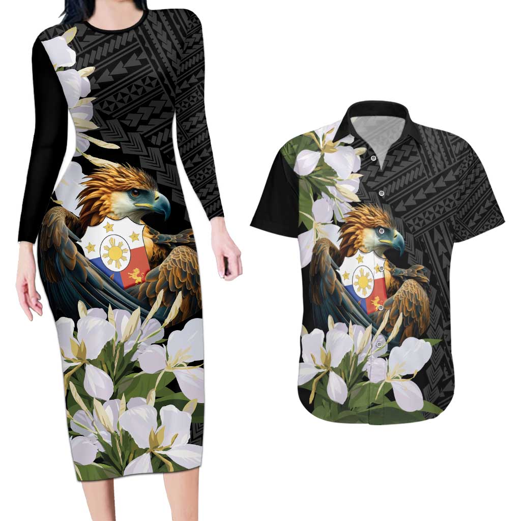 Philippines Eagle with Coat Of Arm Couples Matching Long Sleeve Bodycon Dress and Hawaiian Shirt Simple Sampaguita Jasmine