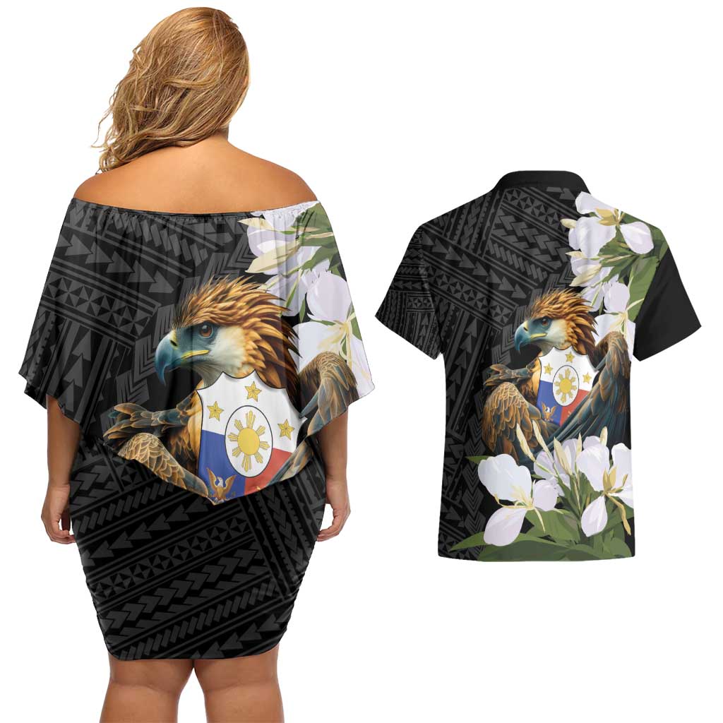 Philippines Eagle with Coat Of Arm Couples Matching Off Shoulder Short Dress and Hawaiian Shirt Simple Sampaguita Jasmine LT9 - Polynesian Pride