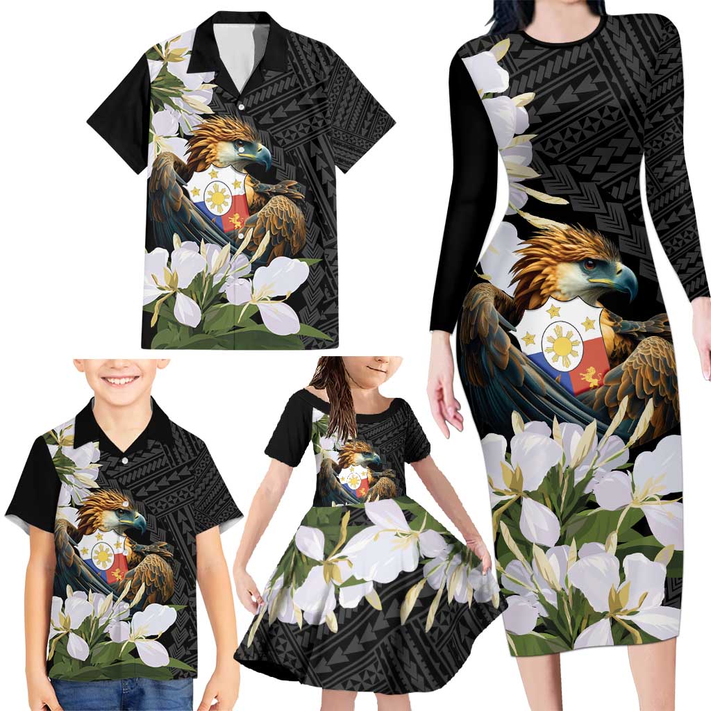 Philippines Eagle with Coat Of Arm Family Matching Long Sleeve Bodycon Dress and Hawaiian Shirt Simple Sampaguita Jasmine