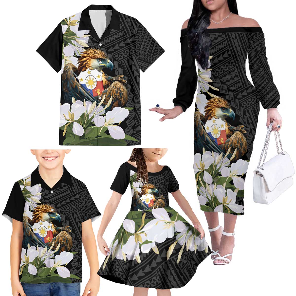 Philippines Eagle with Coat Of Arm Family Matching Off The Shoulder Long Sleeve Dress and Hawaiian Shirt Simple Sampaguita Jasmine