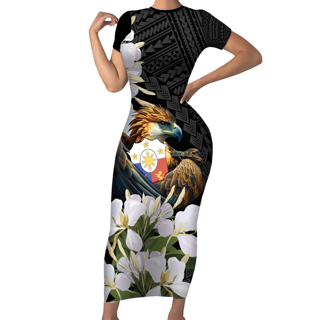 Philippines Eagle with Coat Of Arm Family Matching Short Sleeve Bodycon Dress and Hawaiian Shirt Simple Sampaguita Jasmine