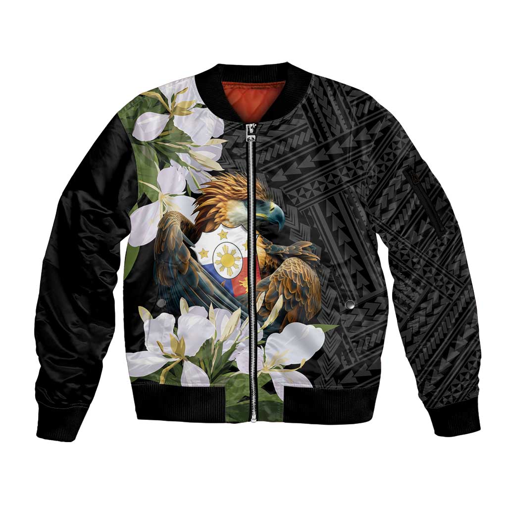 Philippines Eagle with Coat Of Arm Sleeve Zip Bomber Jacket Simple Sampaguita Jasmine