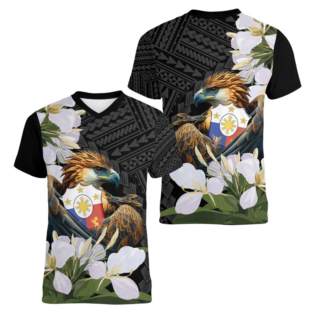 Philippines Eagle with Coat Of Arm Women V-Neck T-Shirt Simple Sampaguita Jasmine