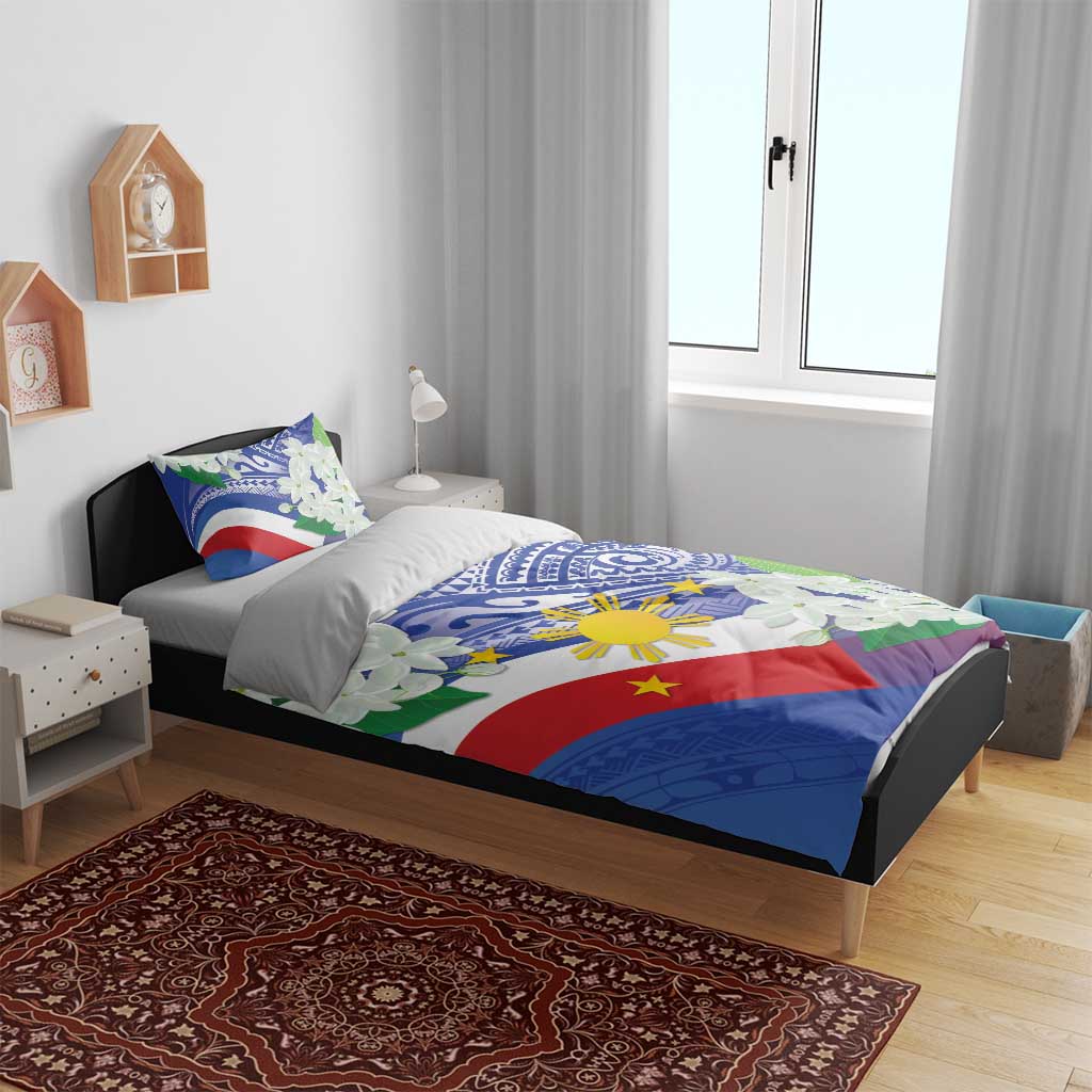 Philippines Flag Bedding Set Sampaguita Jasmine with Polynesian Tribal
