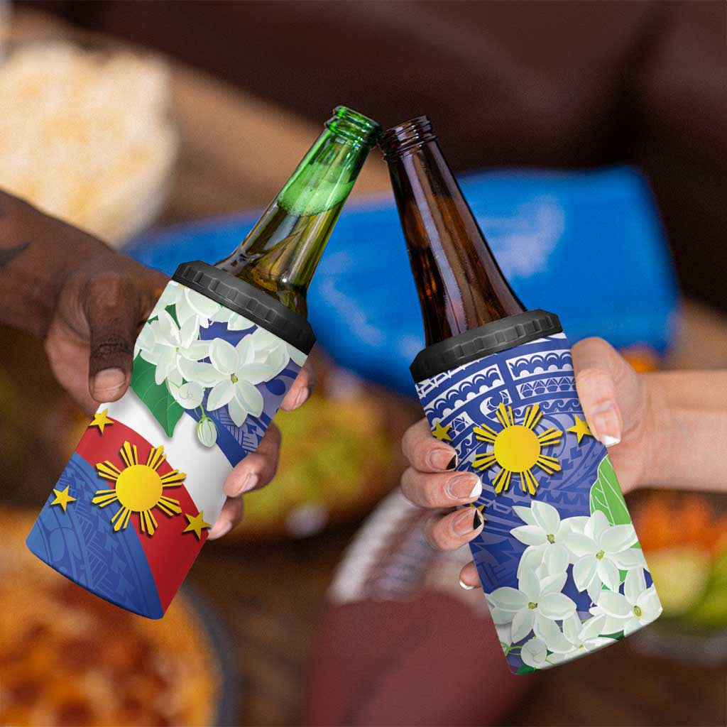 Philippines Flag 4 in 1 Can Cooler Tumbler Sampaguita Jasmine with Polynesian Tribal LT9