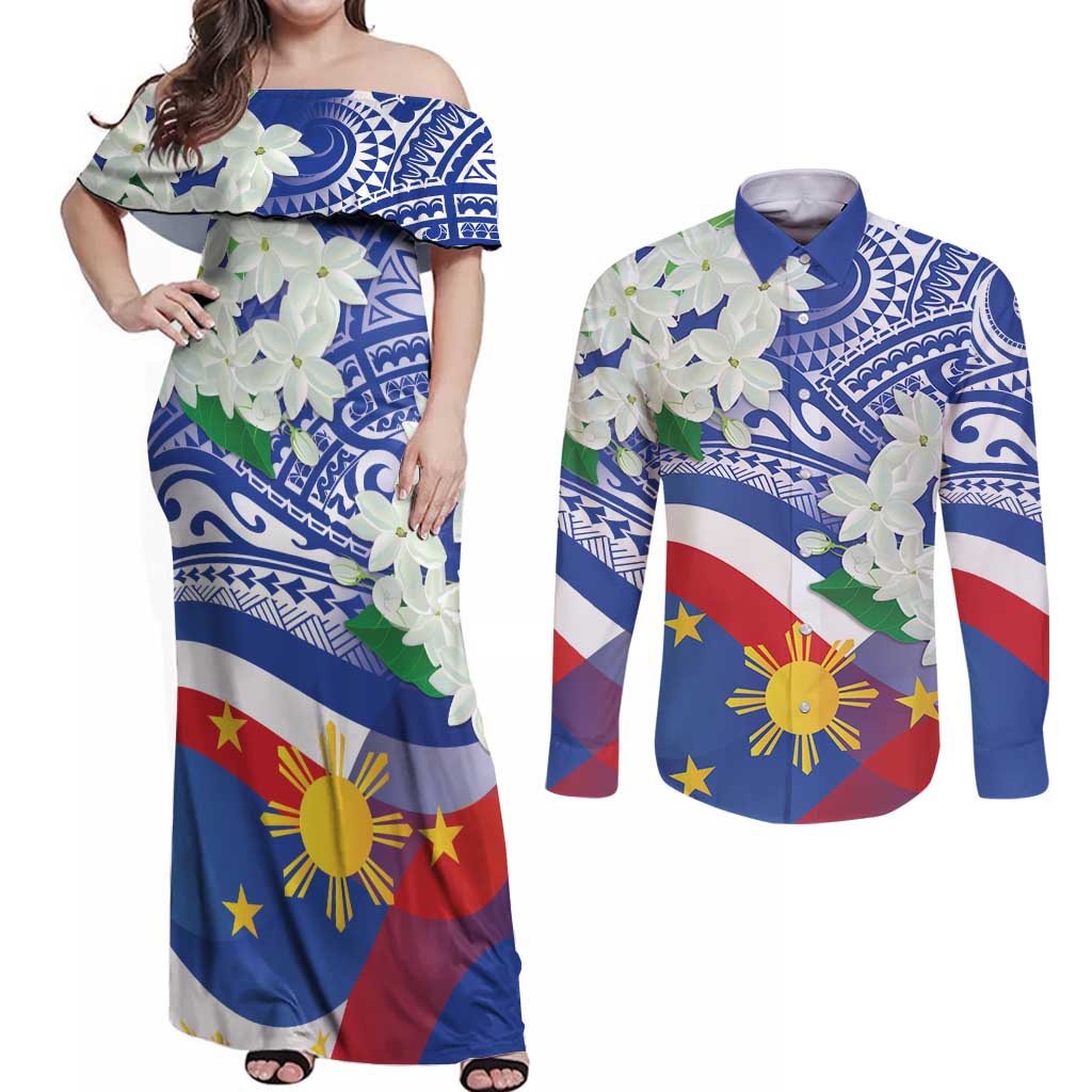 Philippines Flag Couples Matching Off Shoulder Maxi Dress and Long Sleeve Button Shirt Sampaguita Jasmine with Polynesian Tribal