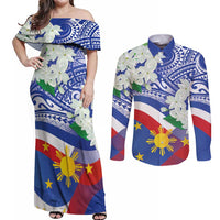 Philippines Flag Couples Matching Off Shoulder Maxi Dress and Long Sleeve Button Shirt Sampaguita Jasmine with Polynesian Tribal