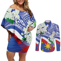 Philippines Flag Couples Matching Off Shoulder Short Dress and Long Sleeve Button Shirt Sampaguita Jasmine with Polynesian Tribal