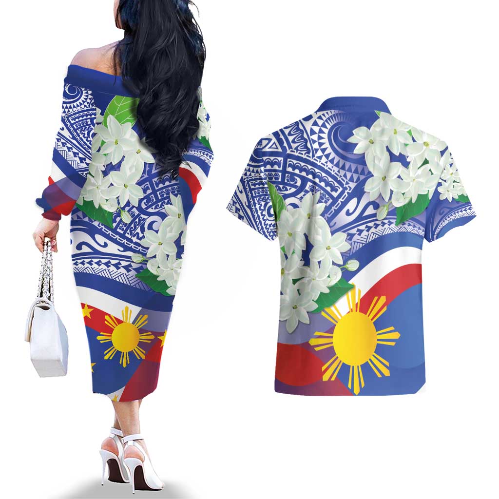 Philippines Flag Couples Matching Off The Shoulder Long Sleeve Dress and Hawaiian Shirt Sampaguita Jasmine with Polynesian Tribal