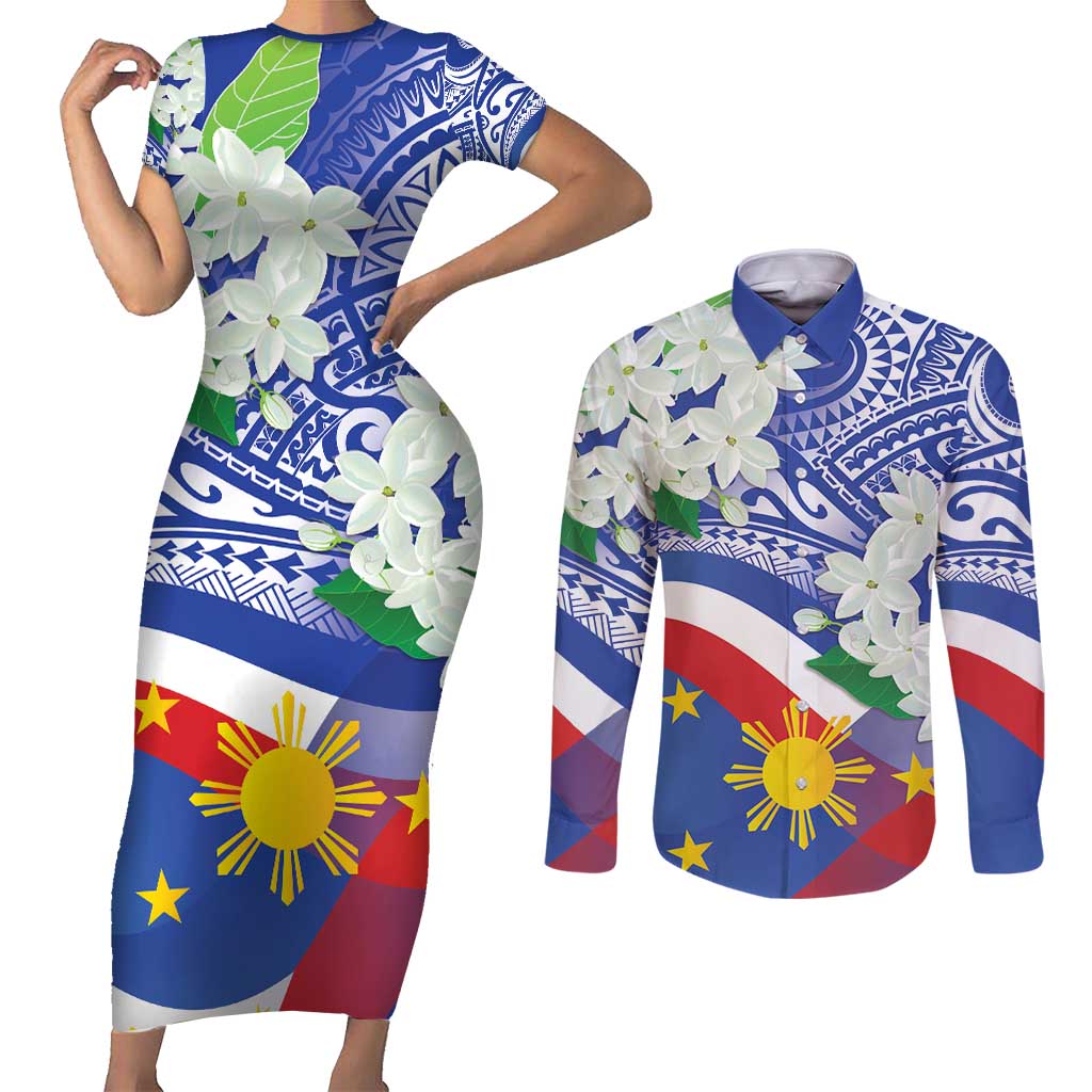 Philippines Flag Couples Matching Short Sleeve Bodycon Dress and Long Sleeve Button Shirt Sampaguita Jasmine with Polynesian Tribal