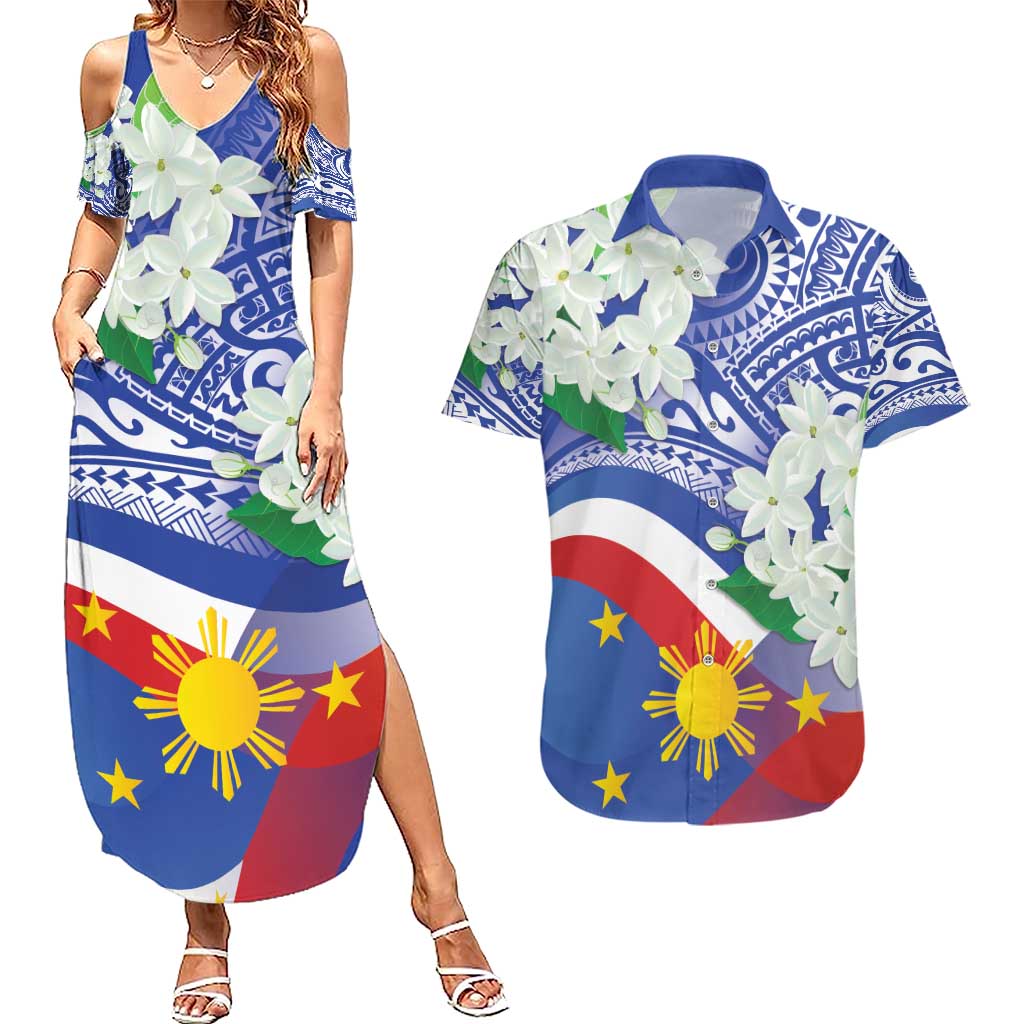 Philippines Flag Couples Matching Summer Maxi Dress and Hawaiian Shirt Sampaguita Jasmine with Polynesian Tribal