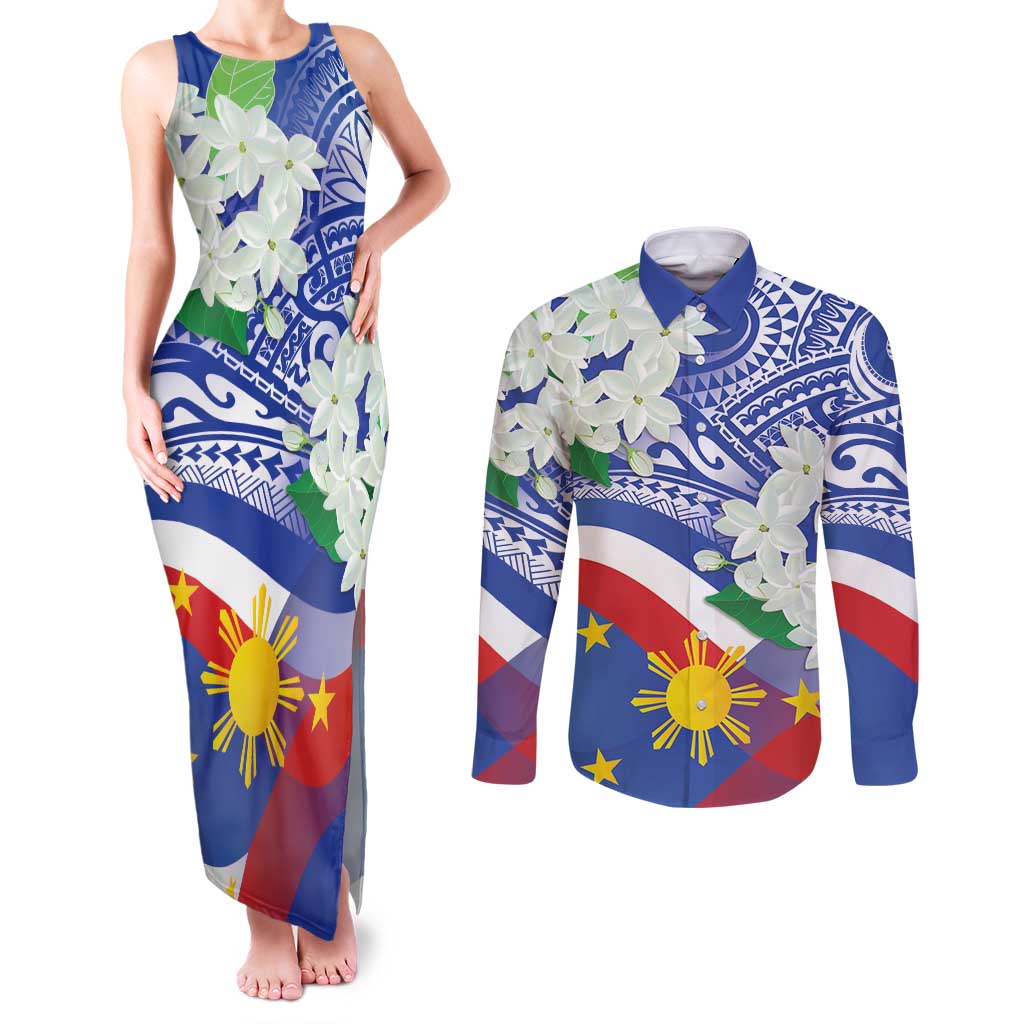 Philippines Flag Couples Matching Tank Maxi Dress and Long Sleeve Button Shirt Sampaguita Jasmine with Polynesian Tribal