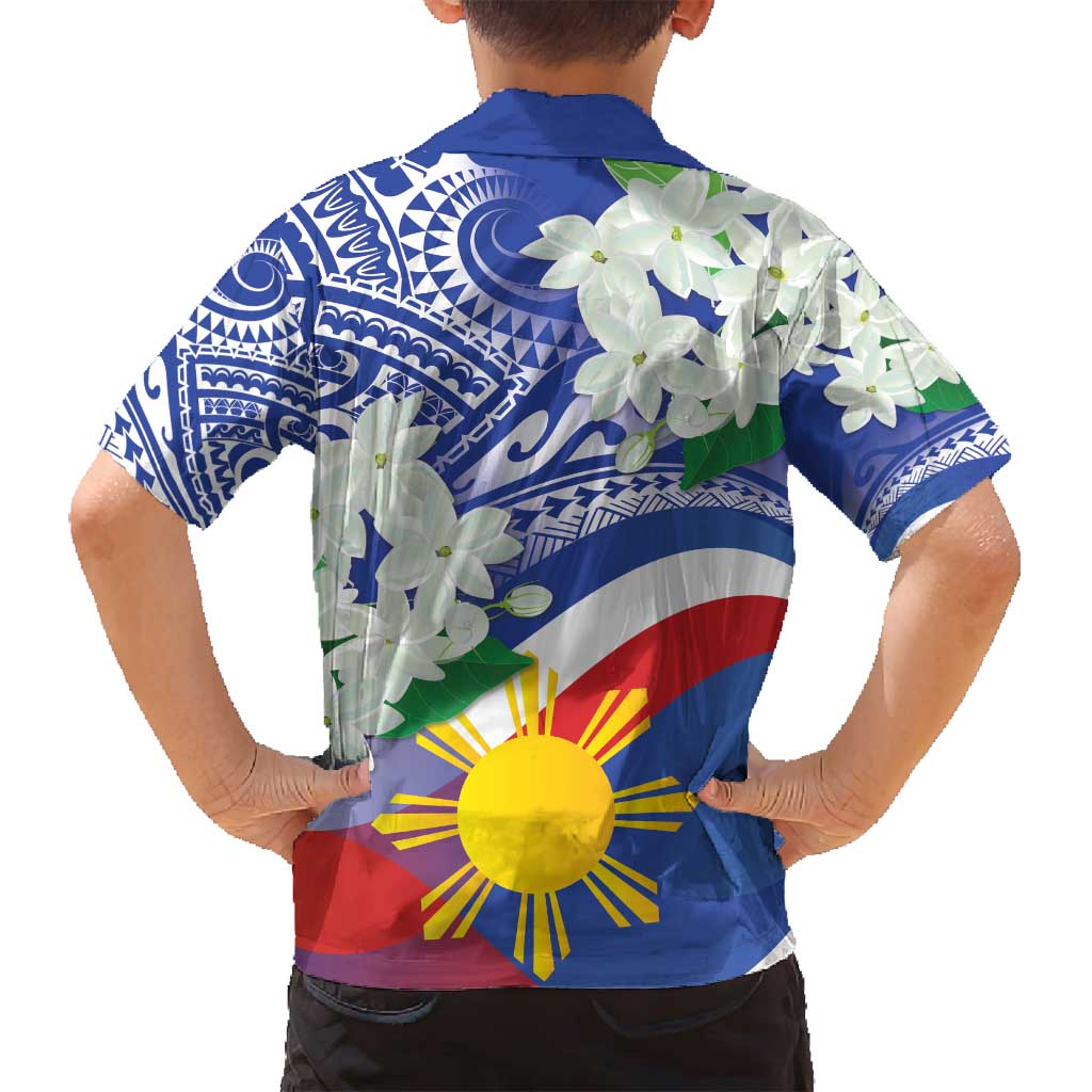 Philippines Flag Family Matching Tank Maxi Dress and Hawaiian Shirt Sampaguita Jasmine with Polynesian Tribal