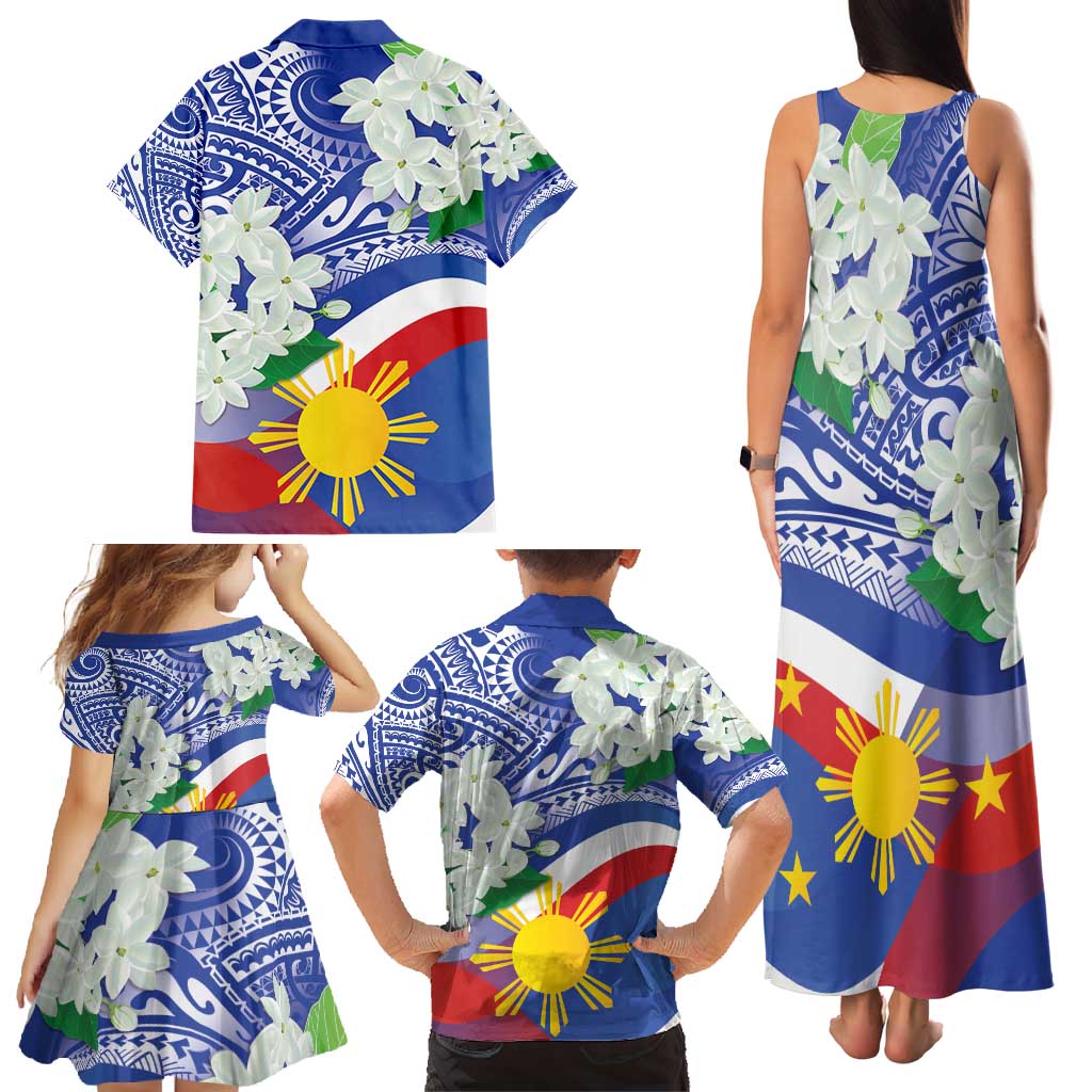 Philippines Flag Family Matching Tank Maxi Dress and Hawaiian Shirt Sampaguita Jasmine with Polynesian Tribal