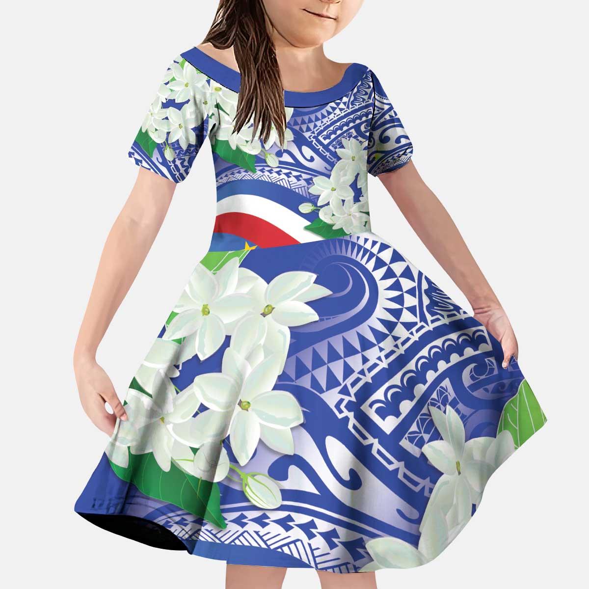 Philippines Flag Kid Short Sleeve Dress Sampaguita Jasmine with Polynesian Tribal