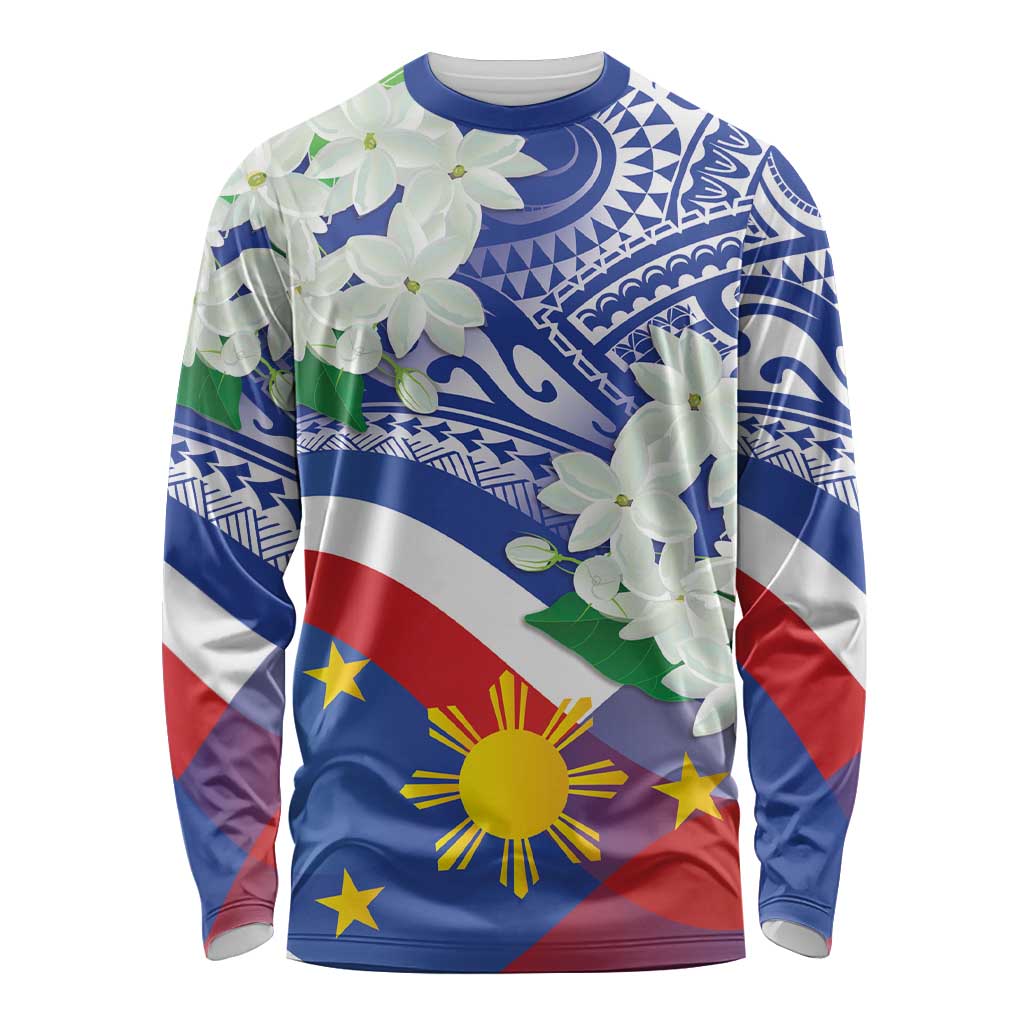 Philippines Flag Long Sleeve Shirt Sampaguita Jasmine with Polynesian Tribal