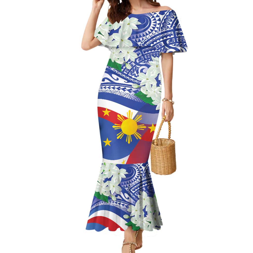 Philippines Flag Mermaid Dress Sampaguita Jasmine with Polynesian Tribal