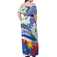 Philippines Flag Off Shoulder Maxi Dress Sampaguita Jasmine with Polynesian Tribal
