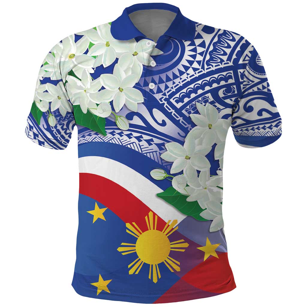 Philippines Flag Polo Shirt Sampaguita Jasmine with Polynesian Tribal