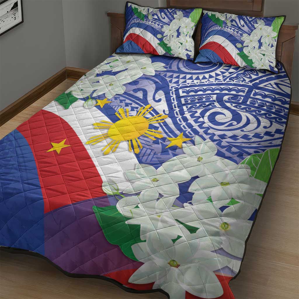 Philippines Flag Quilt Bed Set Sampaguita Jasmine with Polynesian Tribal