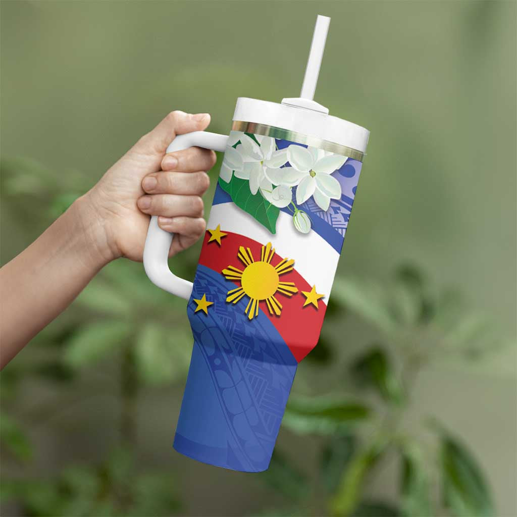 Philippines Flag Tumbler With Handle Sampaguita Jasmine with Polynesian Tribal LT9