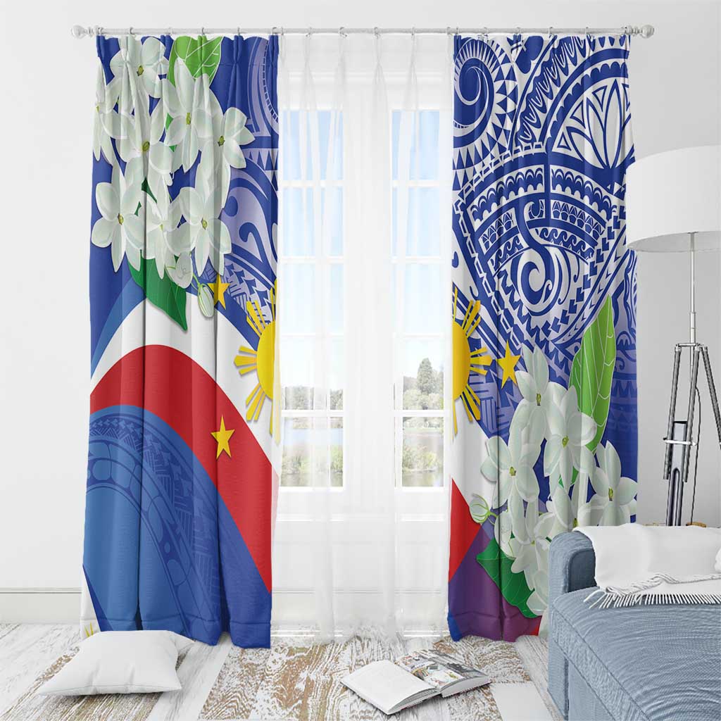 Philippines Flag Window Curtain Sampaguita Jasmine with Polynesian Tribal