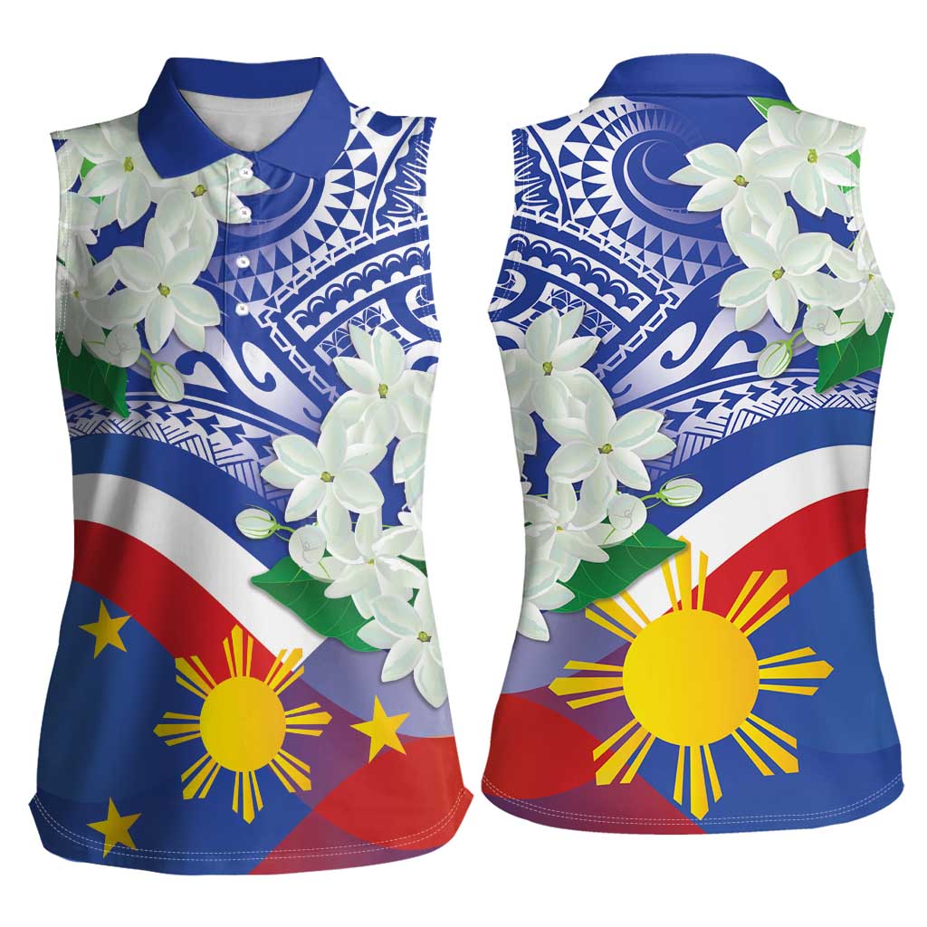 Philippines Flag Women Sleeveless Polo Shirt Sampaguita Jasmine with Polynesian Tribal