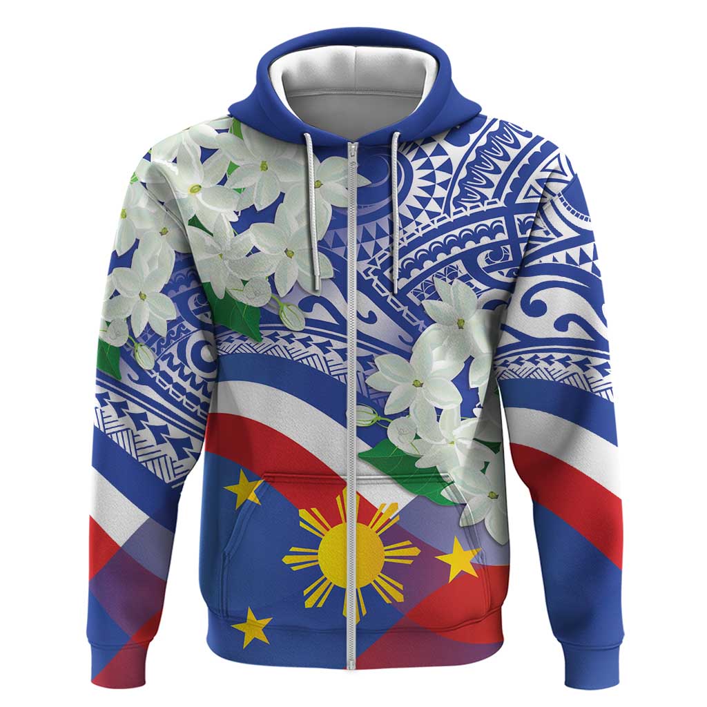 Philippines Flag Zip Hoodie Sampaguita Jasmine with Polynesian Tribal